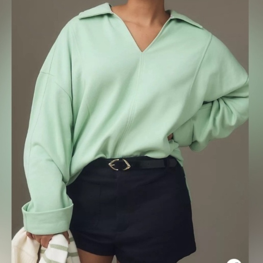 Anthropologie Pilcro Cotton Light Mint Green Johnny Collared Pullover Sweatshirt